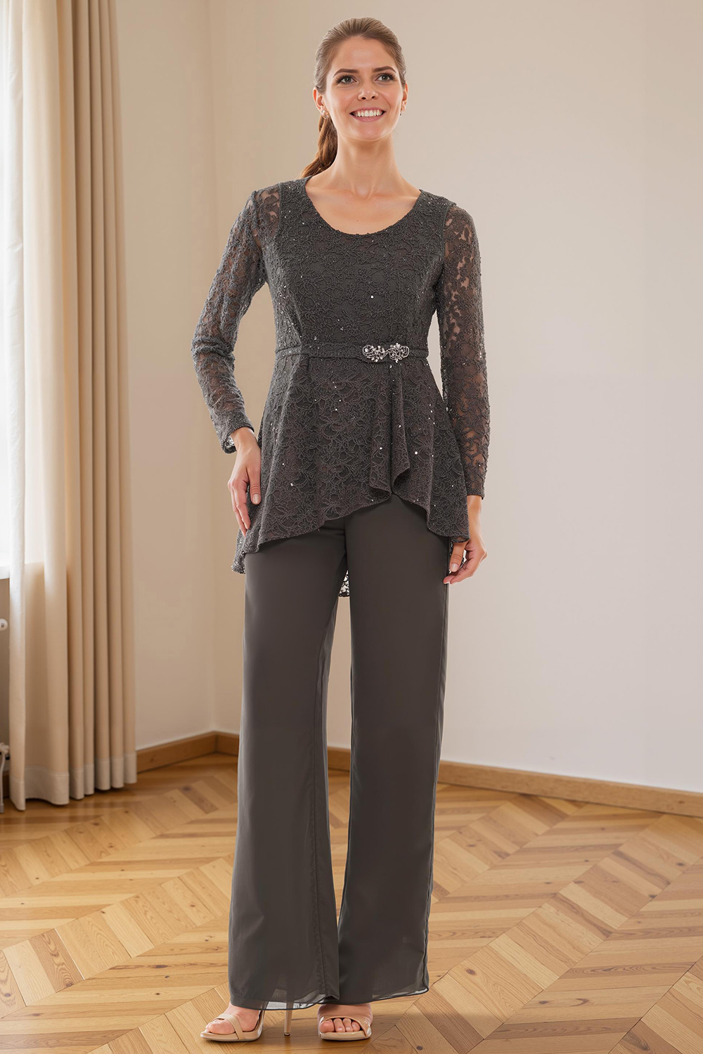 Steel Grey Glitter Sequin Boat Neck 3 Piece Mother of the Bride Pant Suits