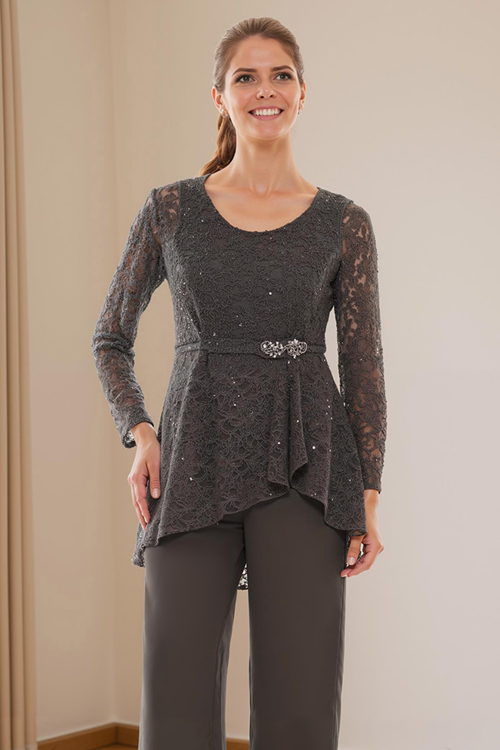 Steel Grey Glitter Sequin Boat Neck 3 Piece Mother of the Bride Pant Suits