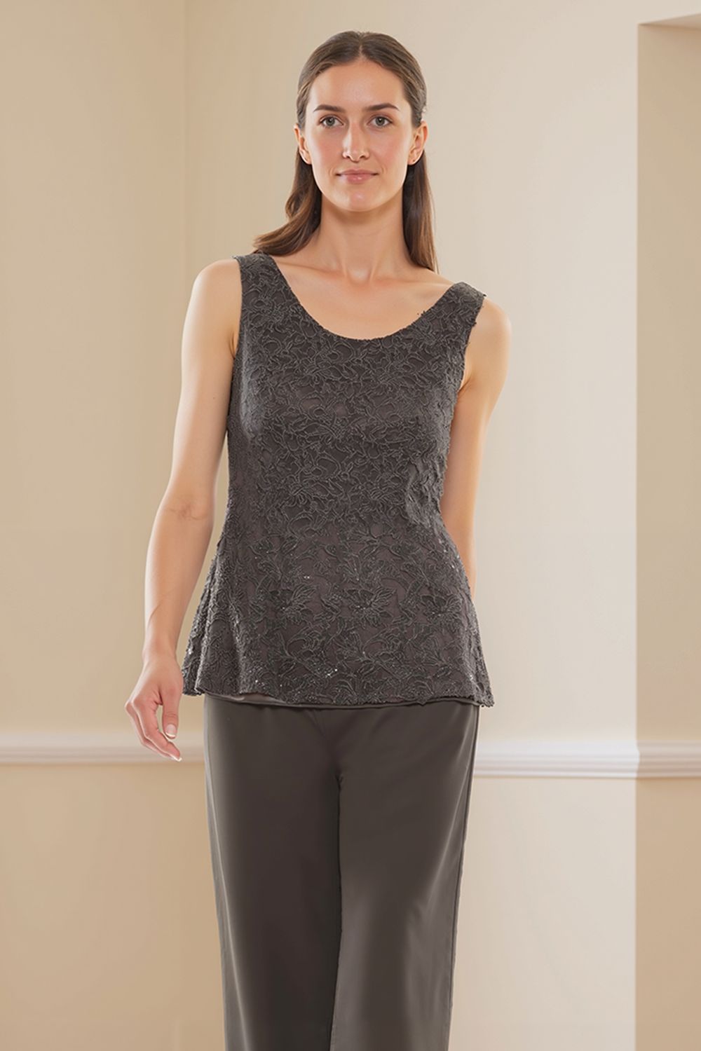 Steel Grey Glitter Sequin Boat Neck 3 Piece Mother of the Bride Pant Suits