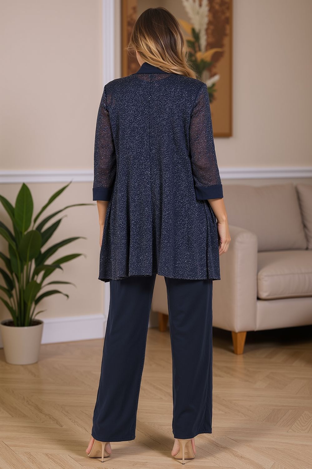 Navy Glitter Sequin Boat Neck 3 Piece Mother of the Bride Pant Suits with Jacket