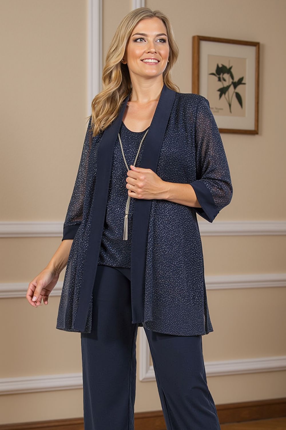Navy Glitter Sequin Boat Neck 3 Piece Mother of the Bride Pant Suits with Jacket