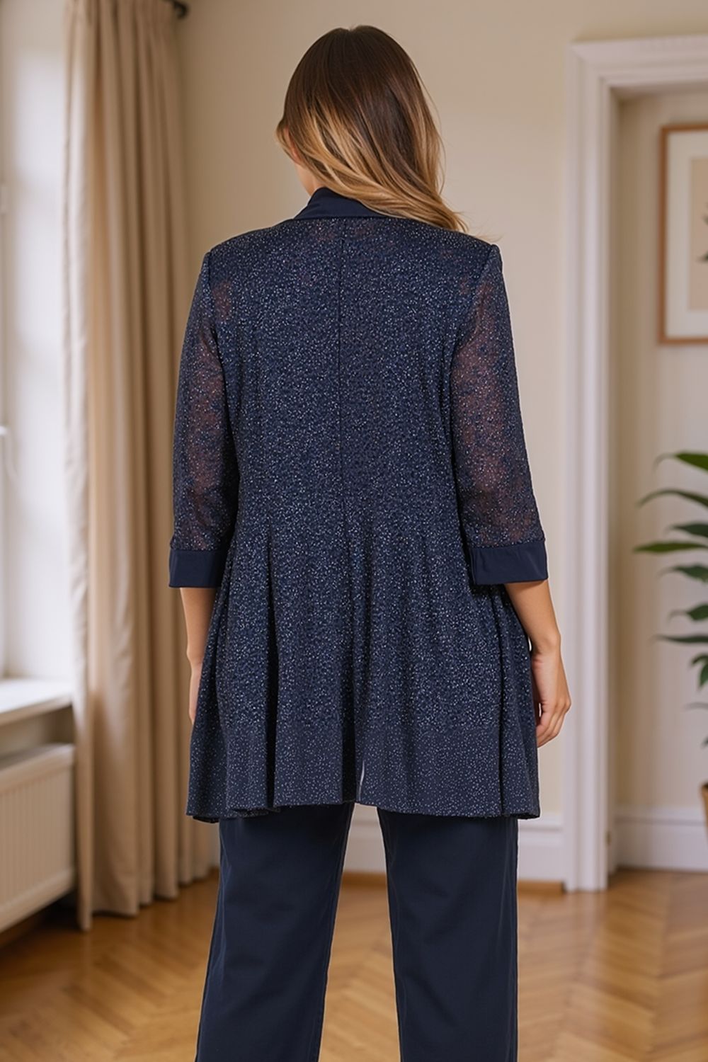 Navy Glitter Sequin Boat Neck 3 Piece Mother of the Bride Pant Suits with Jacket