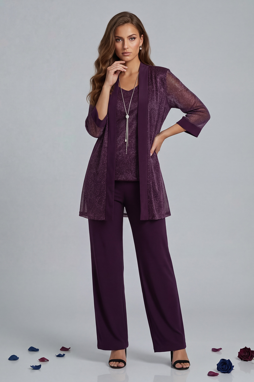 Navy Glitter Sequin Scoop Neck 3 Piece Mother of the Bride Pant Suits with Jacket