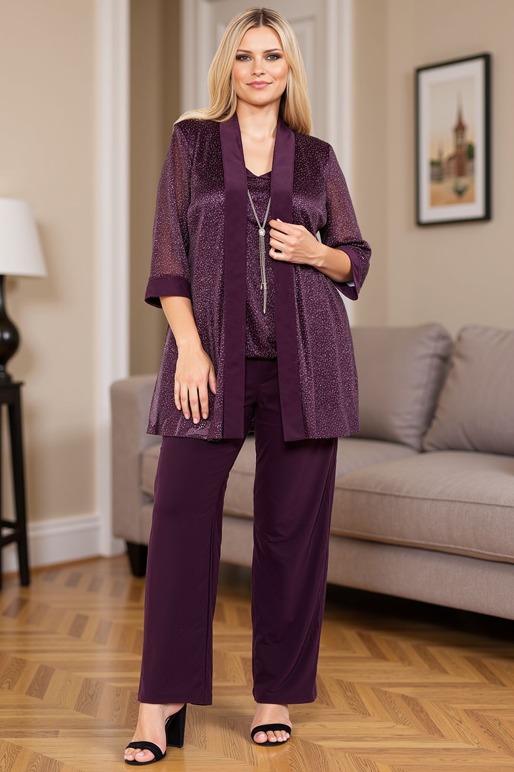 Navy Glitter Sequin Boat Neck 3 Piece Mother of the Bride Pant Suits with Jacket