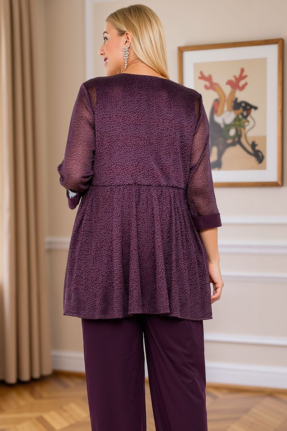 Navy Glitter Sequin Boat Neck 3 Piece Mother of the Bride Pant Suits with Jacket