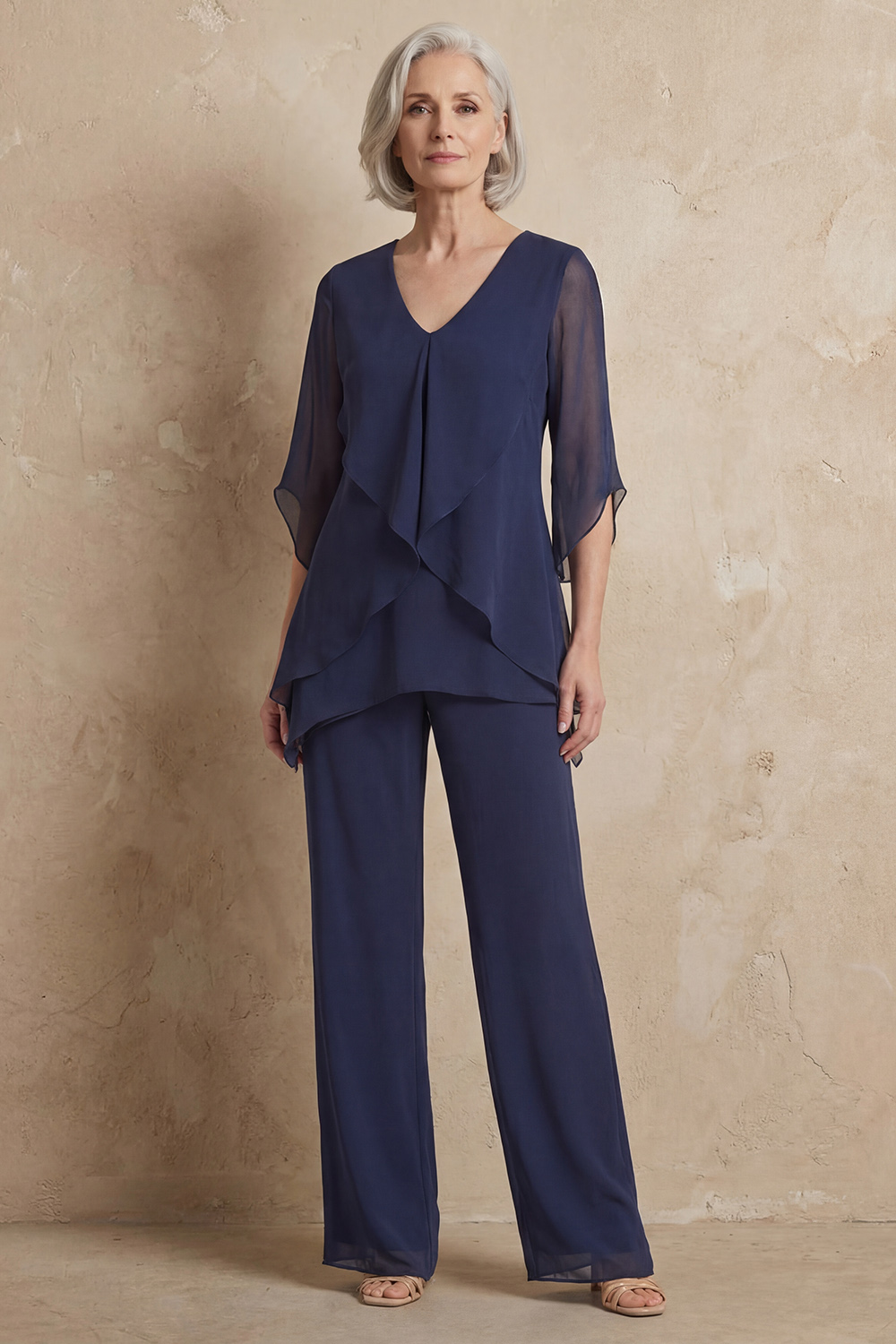 Navy V-Neck Chiffon 2 Piece Mother of the Bride Pant Suits with Sleeves