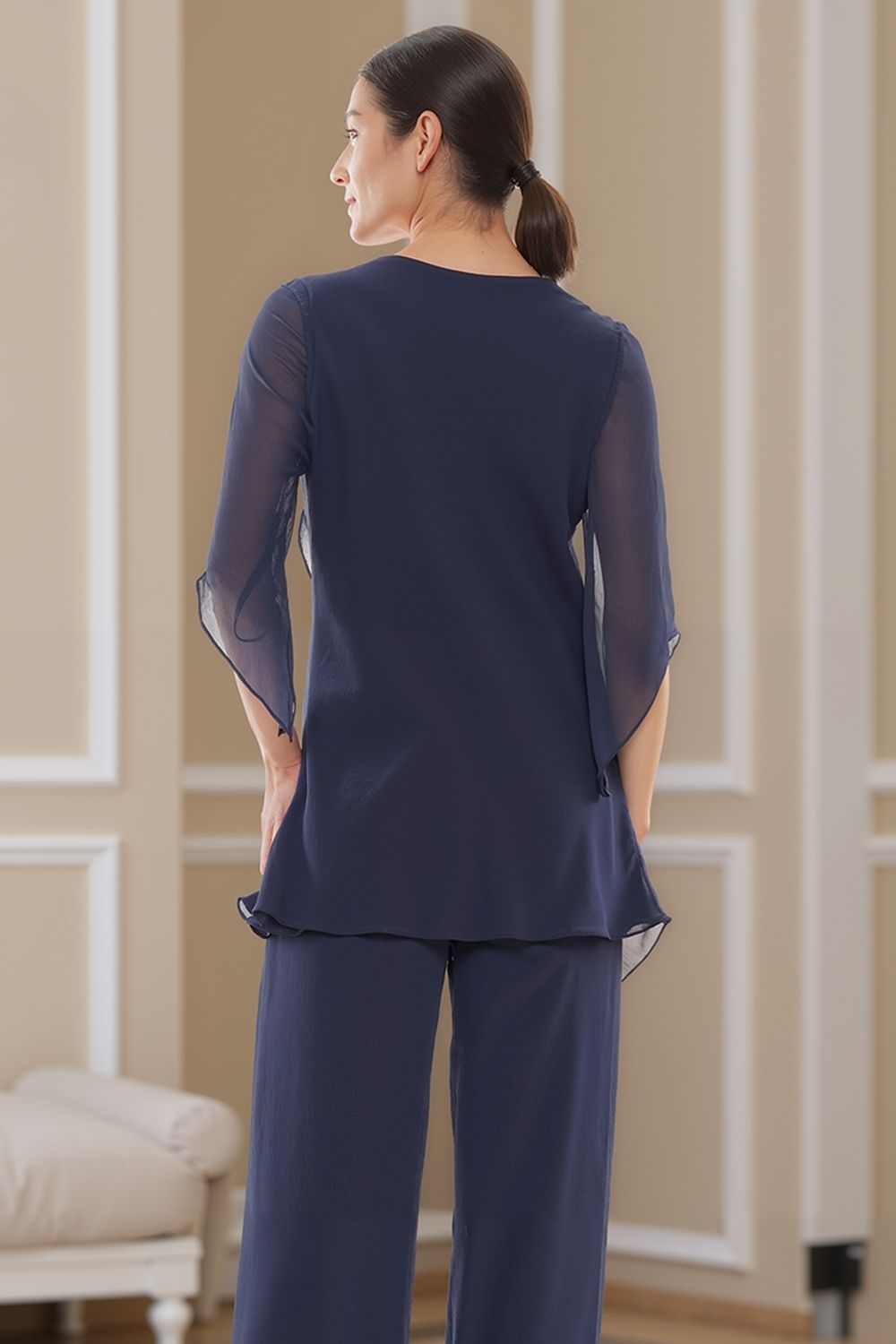 Navy V-Neck Chiffon 2 Piece Mother of the Bride Pant Suits with Sleeves