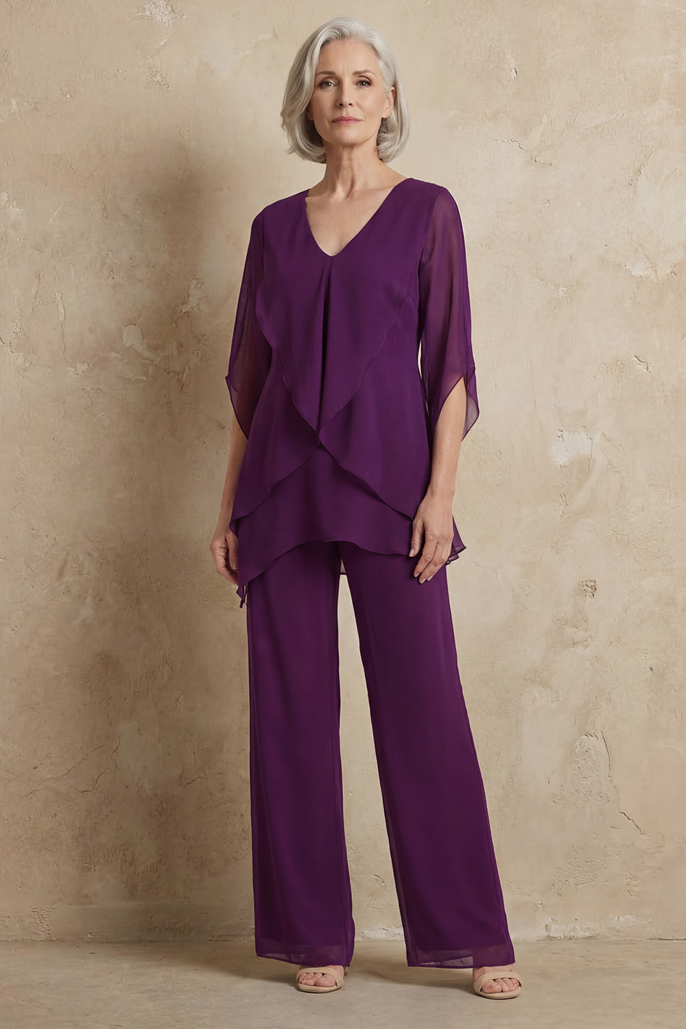 Navy V-Neck Chiffon 2 Piece Mother of the Bride Pant Suits with Sleeves