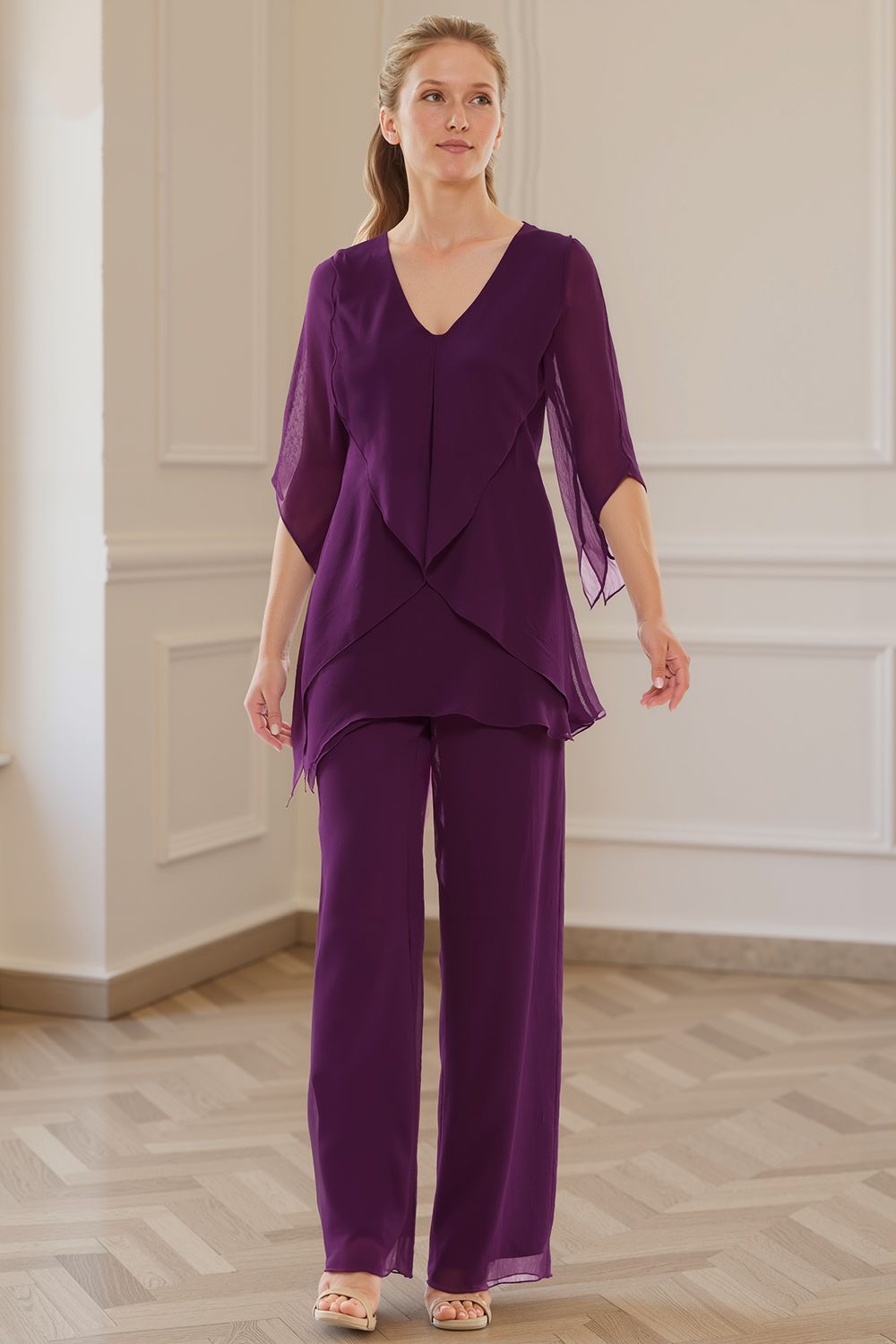 Navy V-Neck Chiffon 2 Piece Mother of the Bride Pant Suits with Sleeves