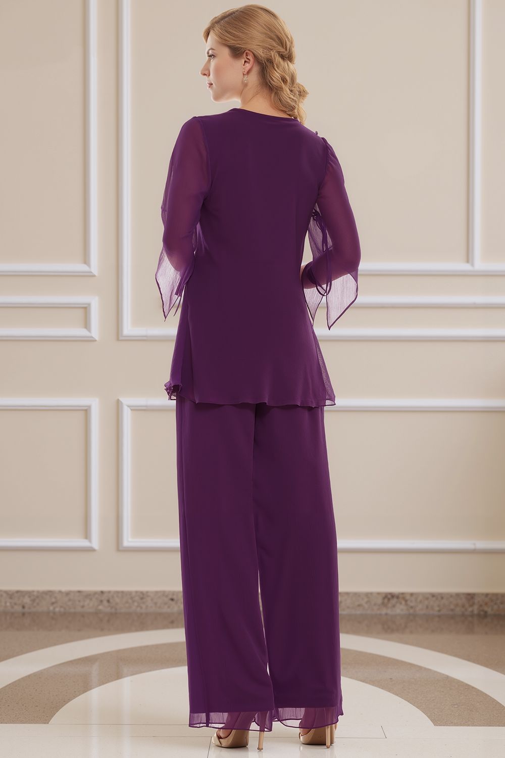 Navy V-Neck Chiffon 2 Piece Mother of the Bride Pant Suits with Sleeves