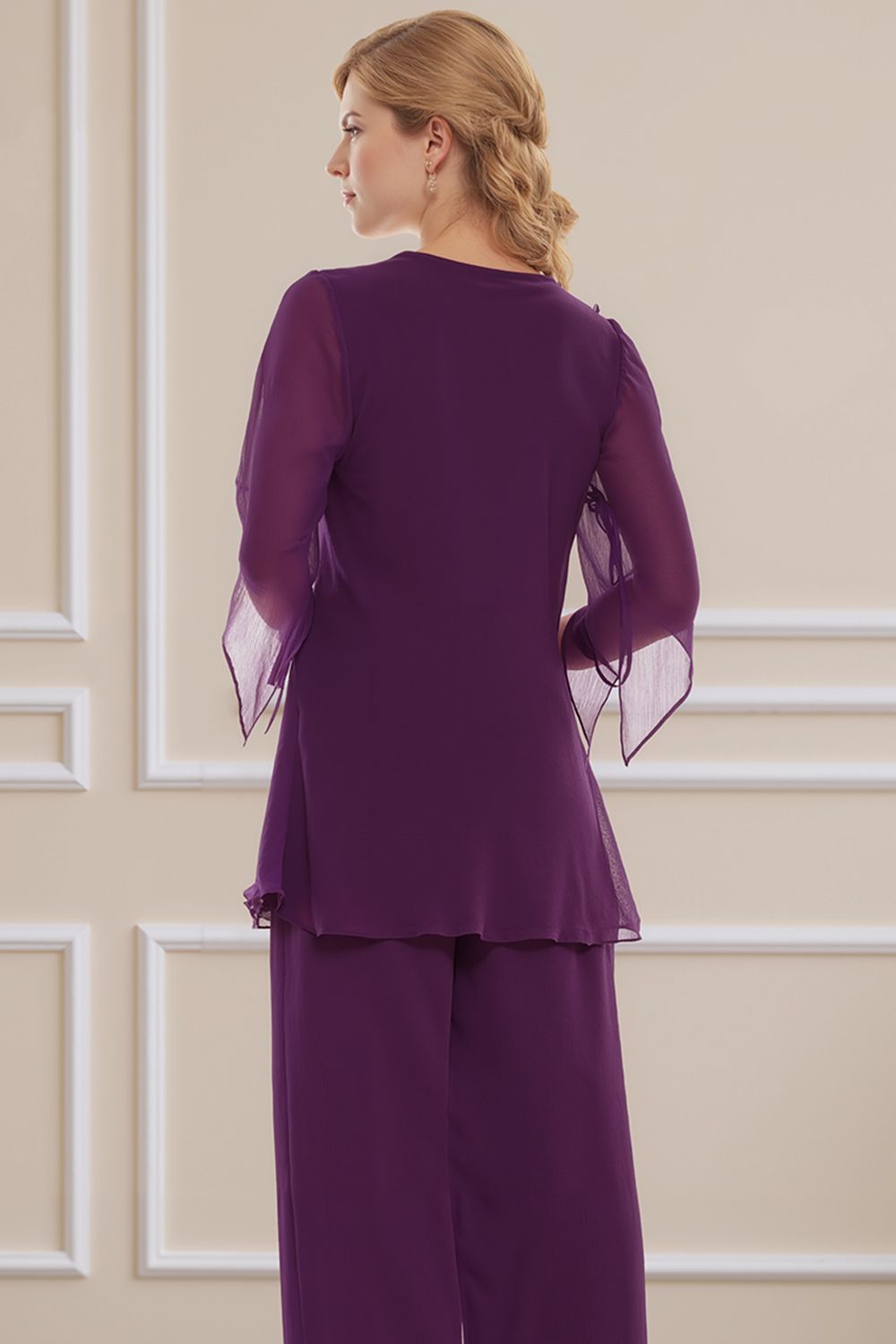 Navy V-Neck Chiffon 2 Piece Mother of the Bride Pant Suits with Sleeves