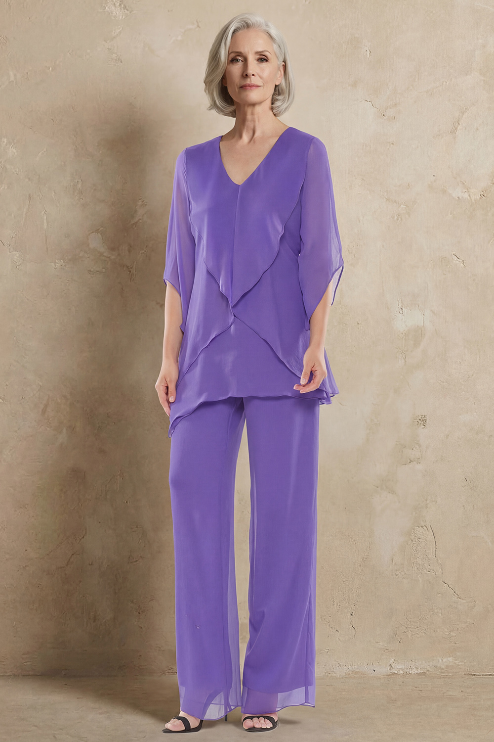 Navy V-Neck Chiffon 2 Piece Mother of the Bride Pant Suits with Sleeves