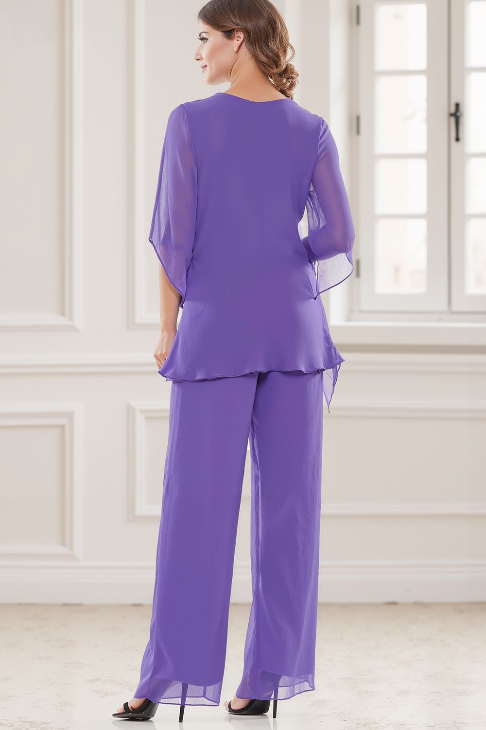 Navy V-Neck Chiffon 2 Piece Mother of the Bride Pant Suits with Sleeves