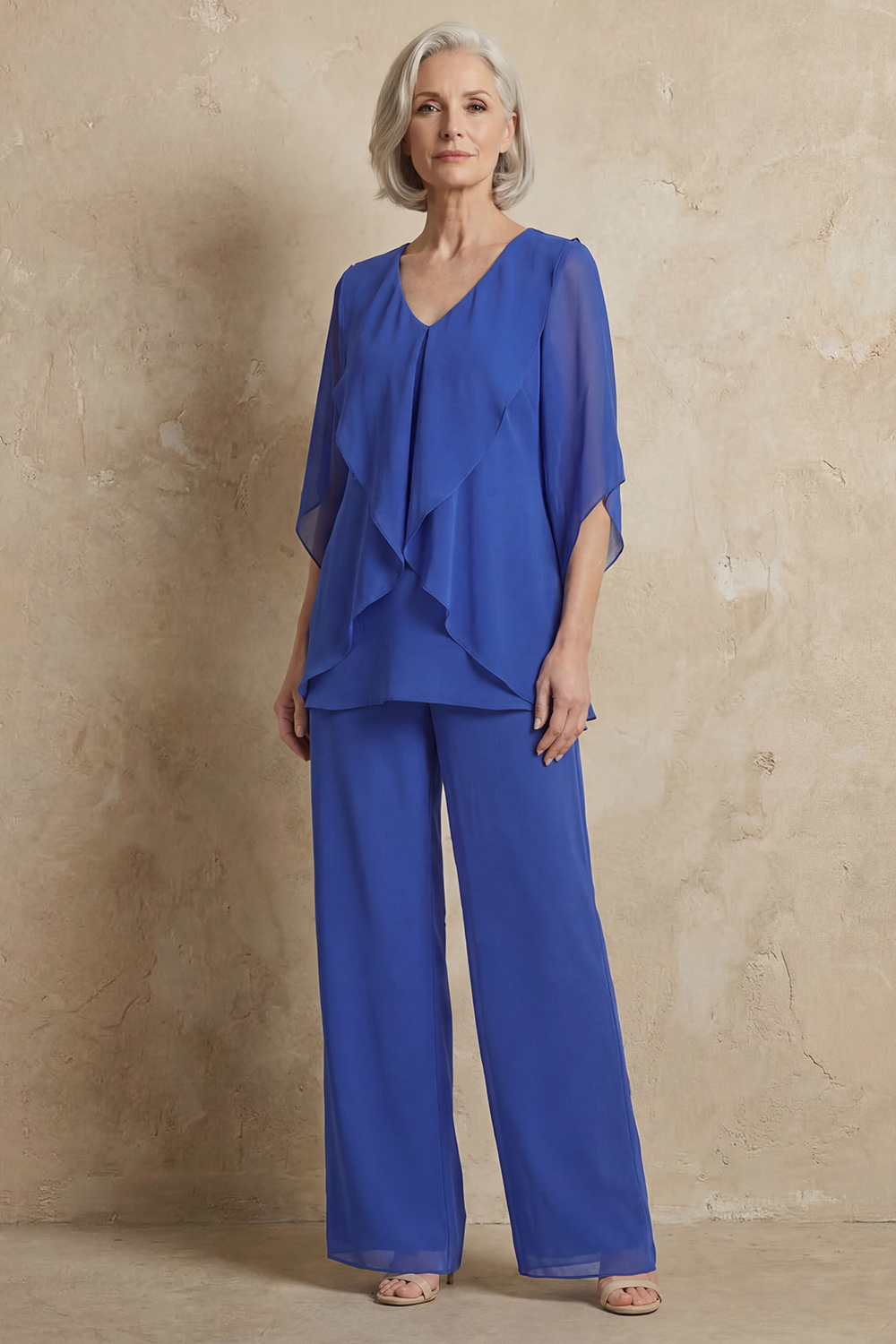 Navy V-Neck Chiffon 2 Piece Mother of the Bride Pant Suits with Sleeves