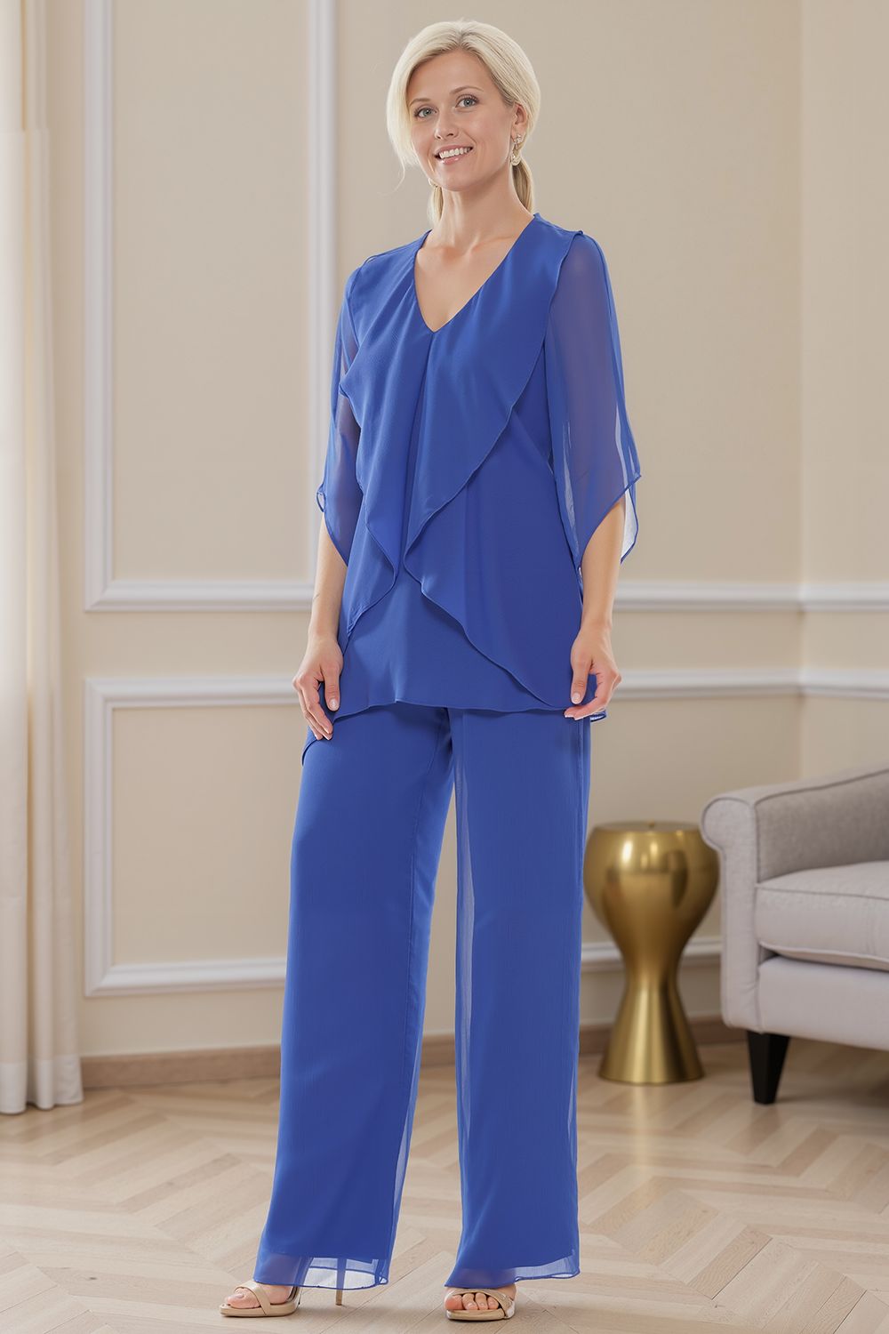 Navy V-Neck Chiffon 2 Piece Mother of the Bride Pant Suits with Sleeves