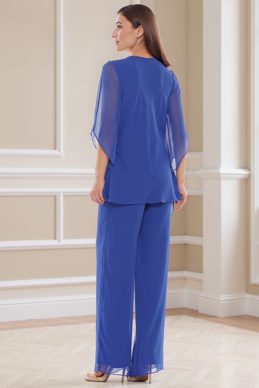 Navy V-Neck Chiffon 2 Piece Mother of the Bride Pant Suits with Sleeves