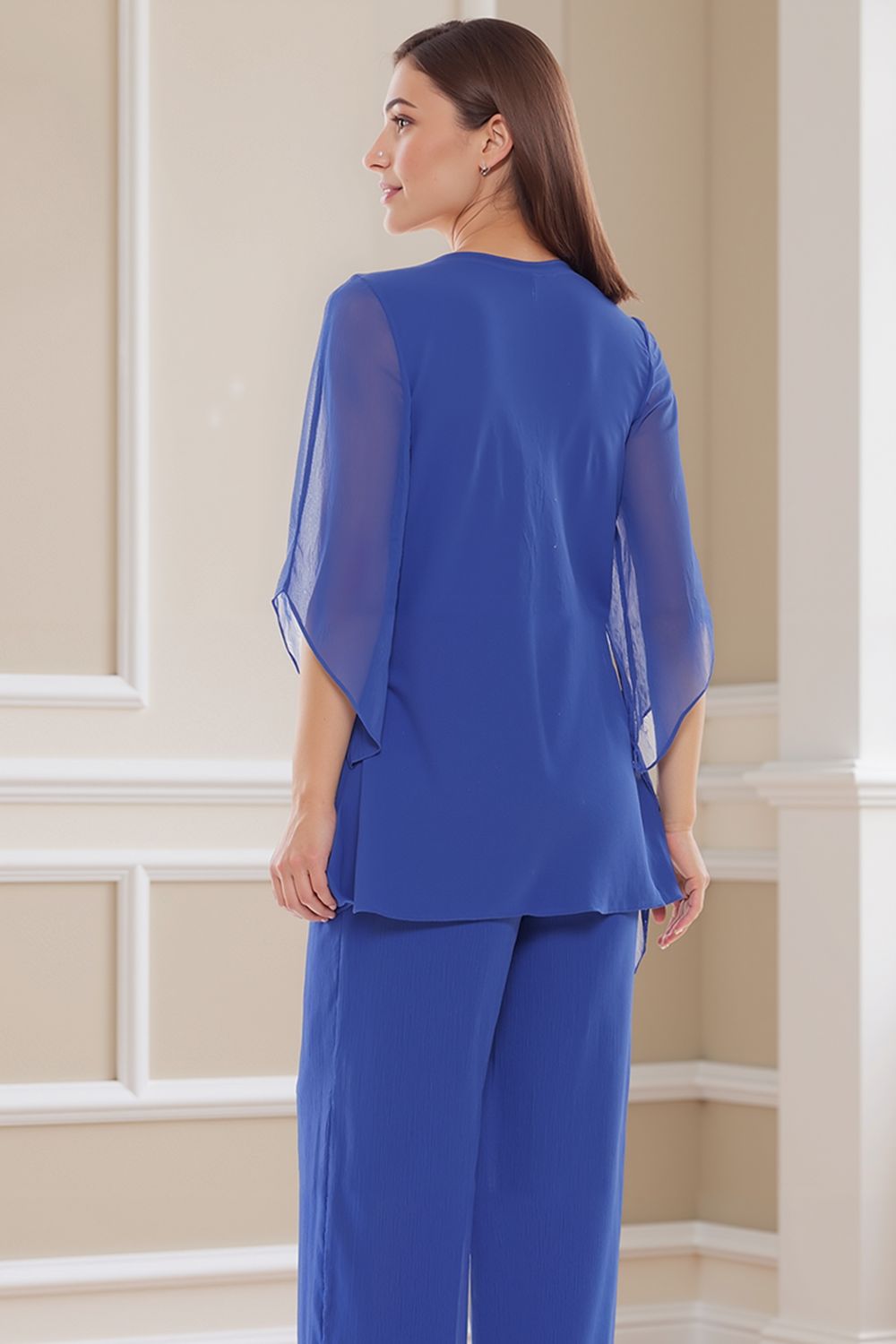 Navy V-Neck Chiffon 2 Piece Mother of the Bride Pant Suits with Sleeves