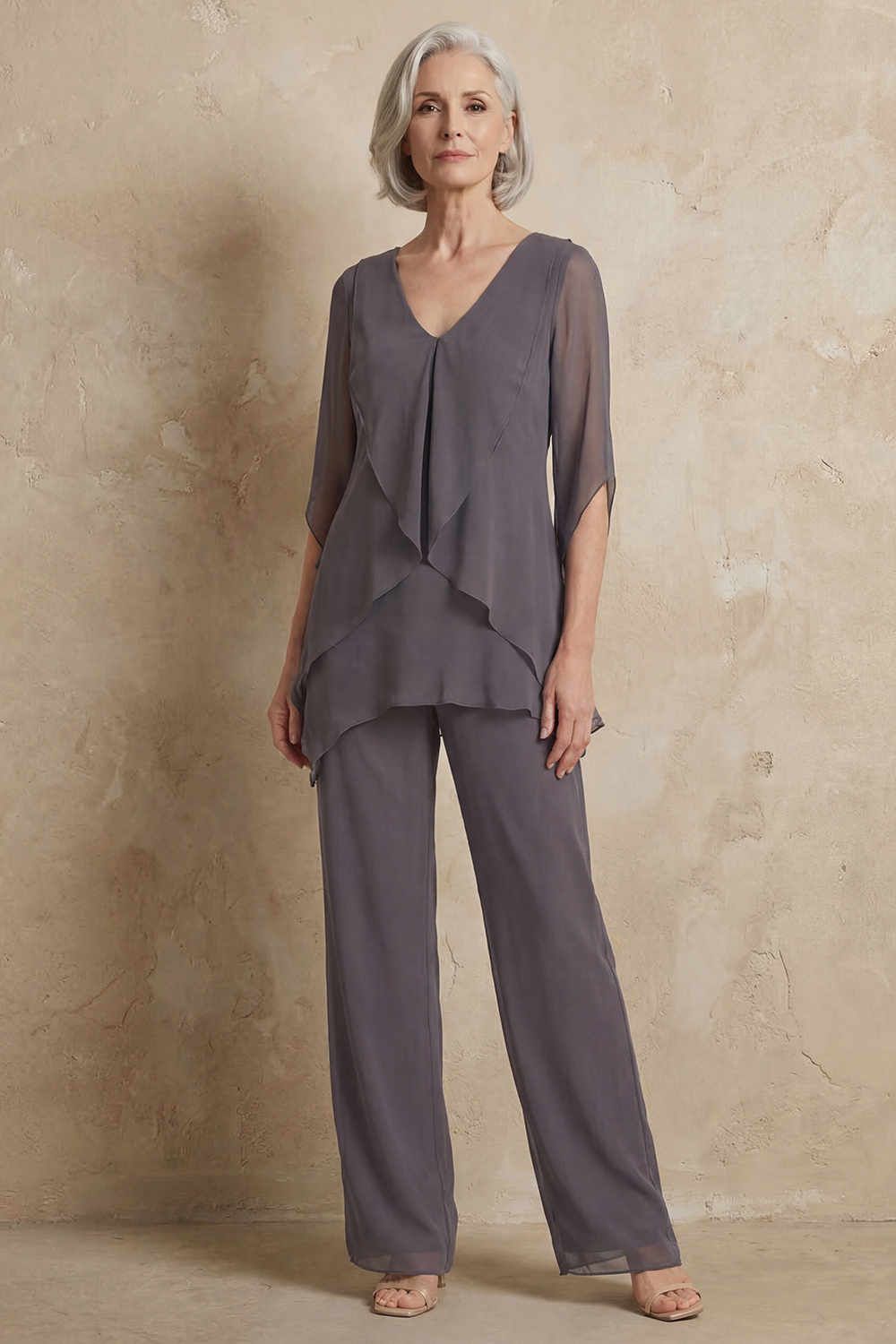 Navy V-Neck Chiffon 2 Piece Mother of the Bride Pant Suits with Sleeves