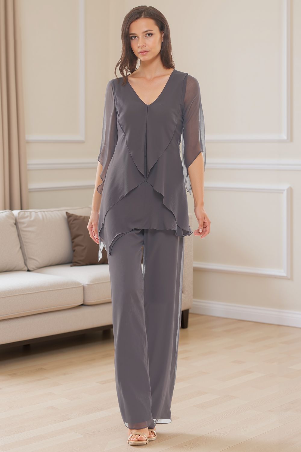Navy V-Neck Chiffon 2 Piece Mother of the Bride Pant Suits with Sleeves