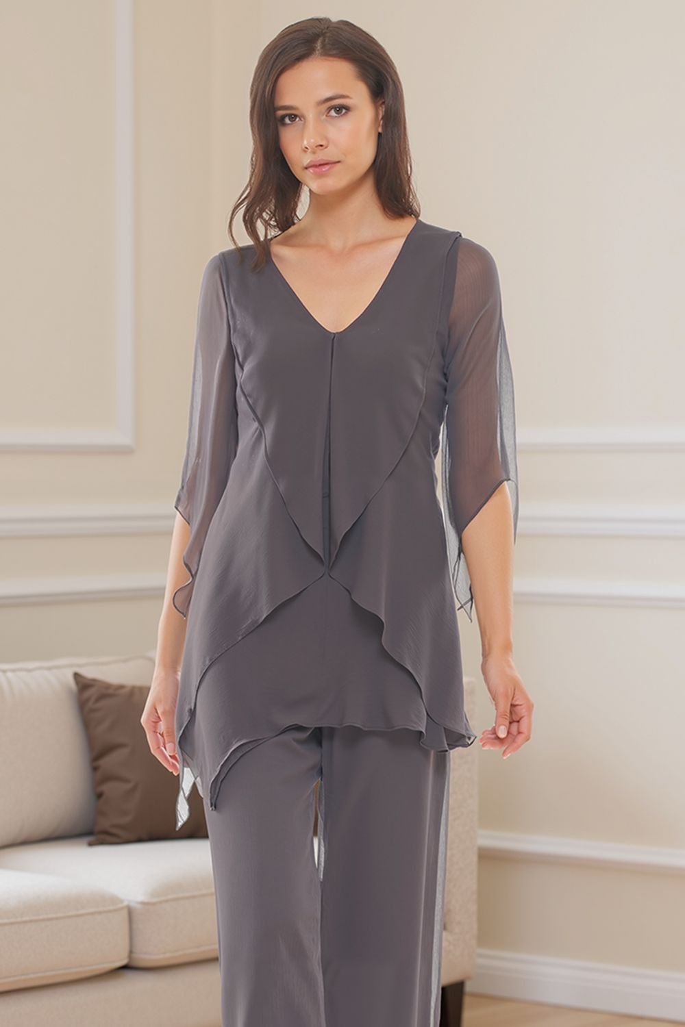 Navy V-Neck Chiffon 2 Piece Mother of the Bride Pant Suits with Sleeves