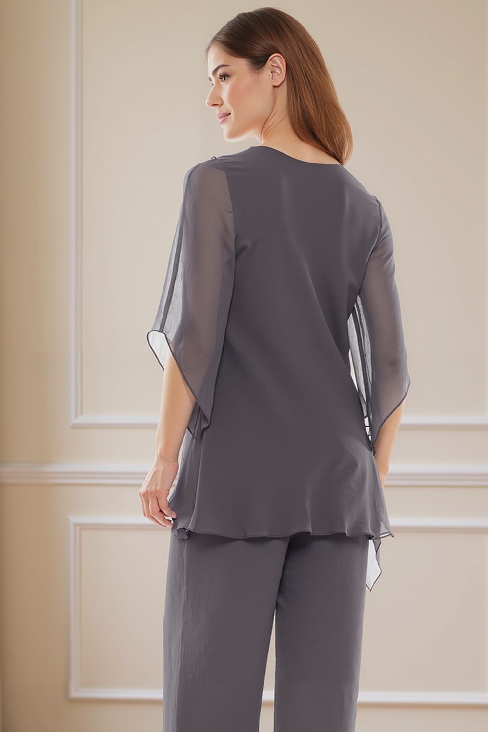 Navy V-Neck Chiffon 2 Piece Mother of the Bride Pant Suits with Sleeves