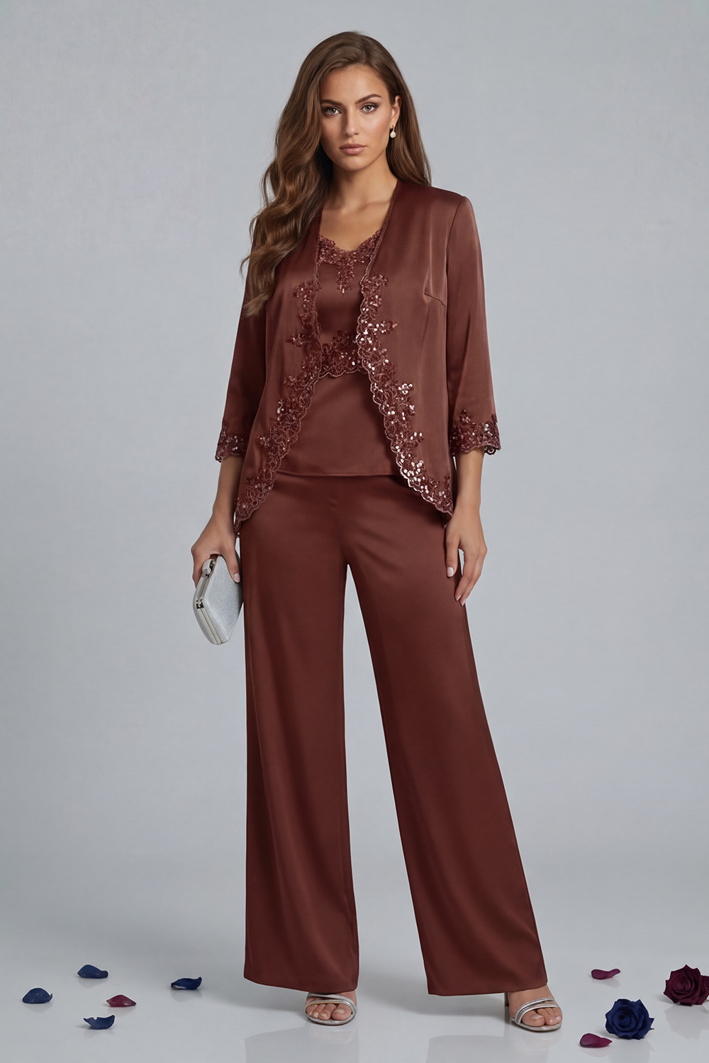 Sparkly Vintage Mauve V-Neck 3 Piece Mother of the Bride Pant Suits with Jacket