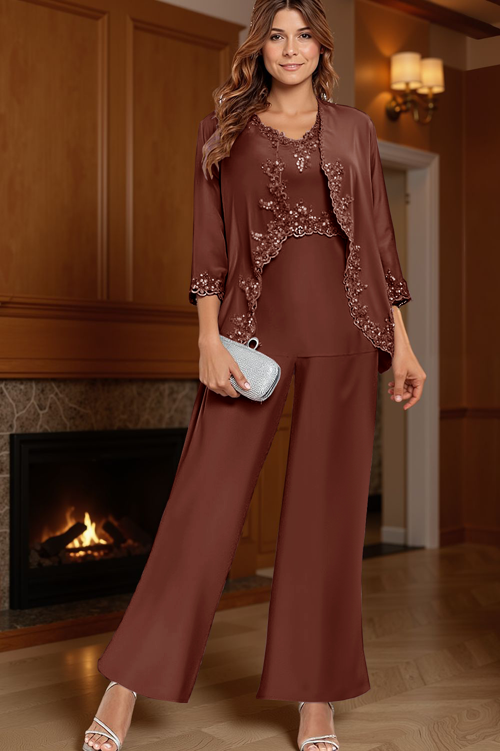 Sparkly Vintage Mauve V-Neck 3 Piece Mother of the Bride Pant Suits with Jacket