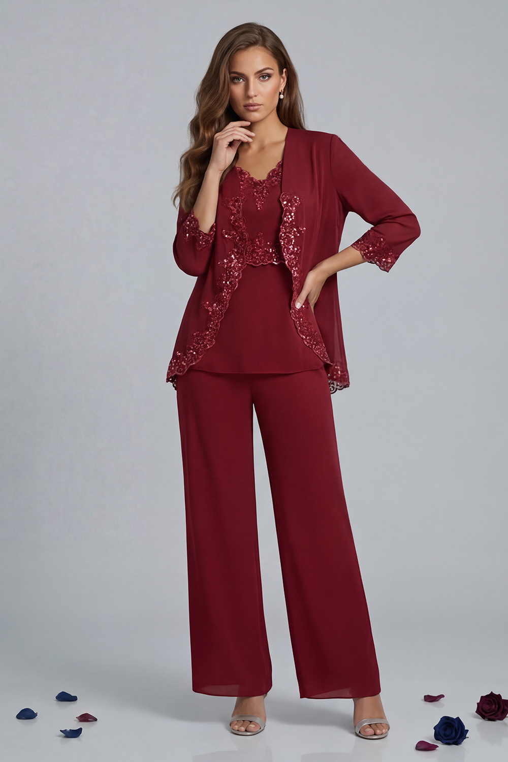 Sparkly Vintage Mauve V-Neck 3 Piece Mother of the Bride Pant Suits with Jacket