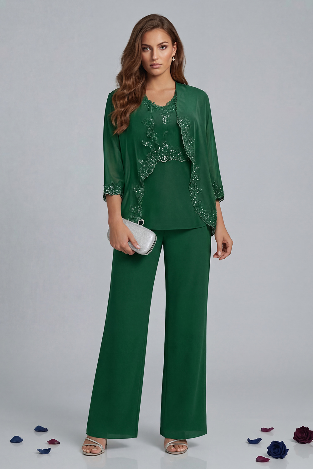 Sparkly Vintage Mauve V-Neck 3 Piece Mother of the Bride Pant Suits with Jacket