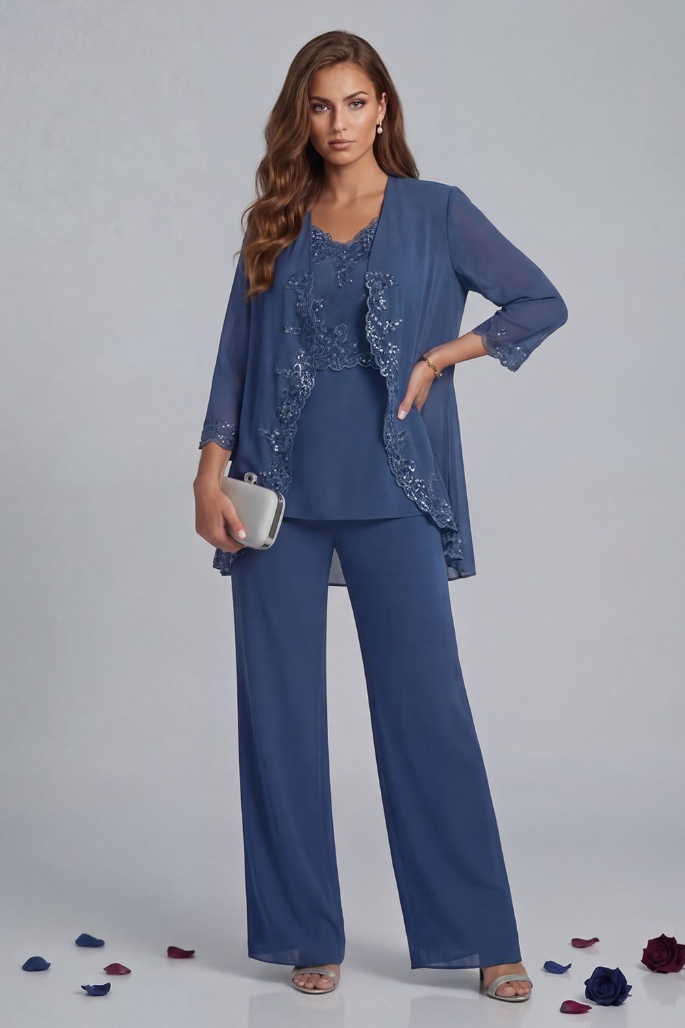 Sparkly Vintage Mauve V-Neck 3 Piece Mother of the Bride Pant Suits with Jacket