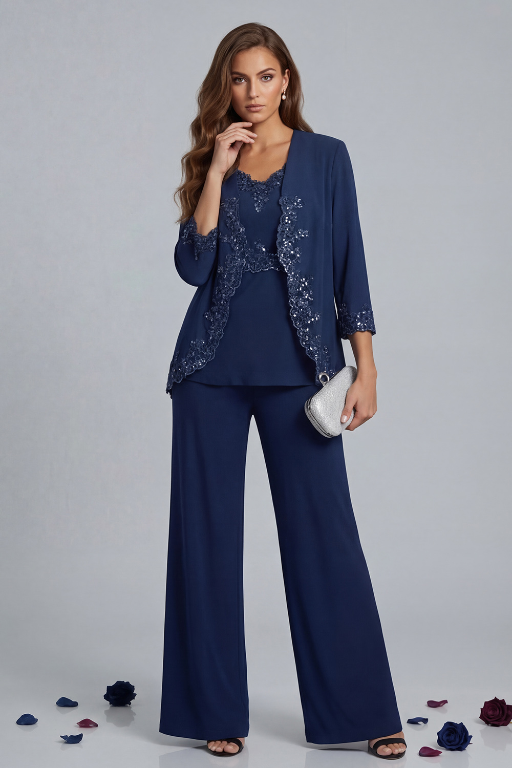 Sparkly Vintage Mauve V-Neck 3 Piece Mother of the Bride Pant Suits with Jacket