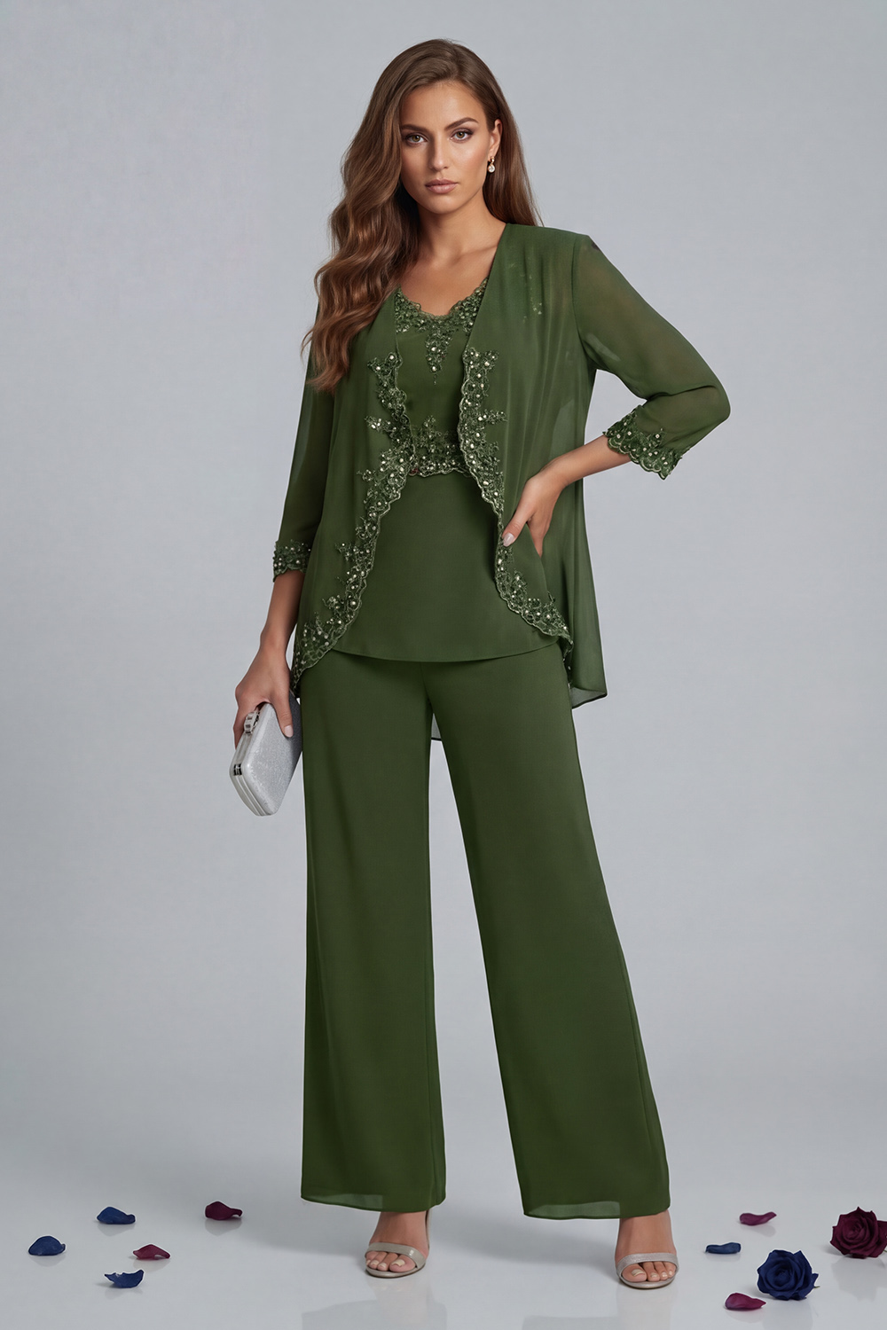 Sparkly Vintage Mauve V-Neck 3 Piece Mother of the Bride Pant Suits with Jacket