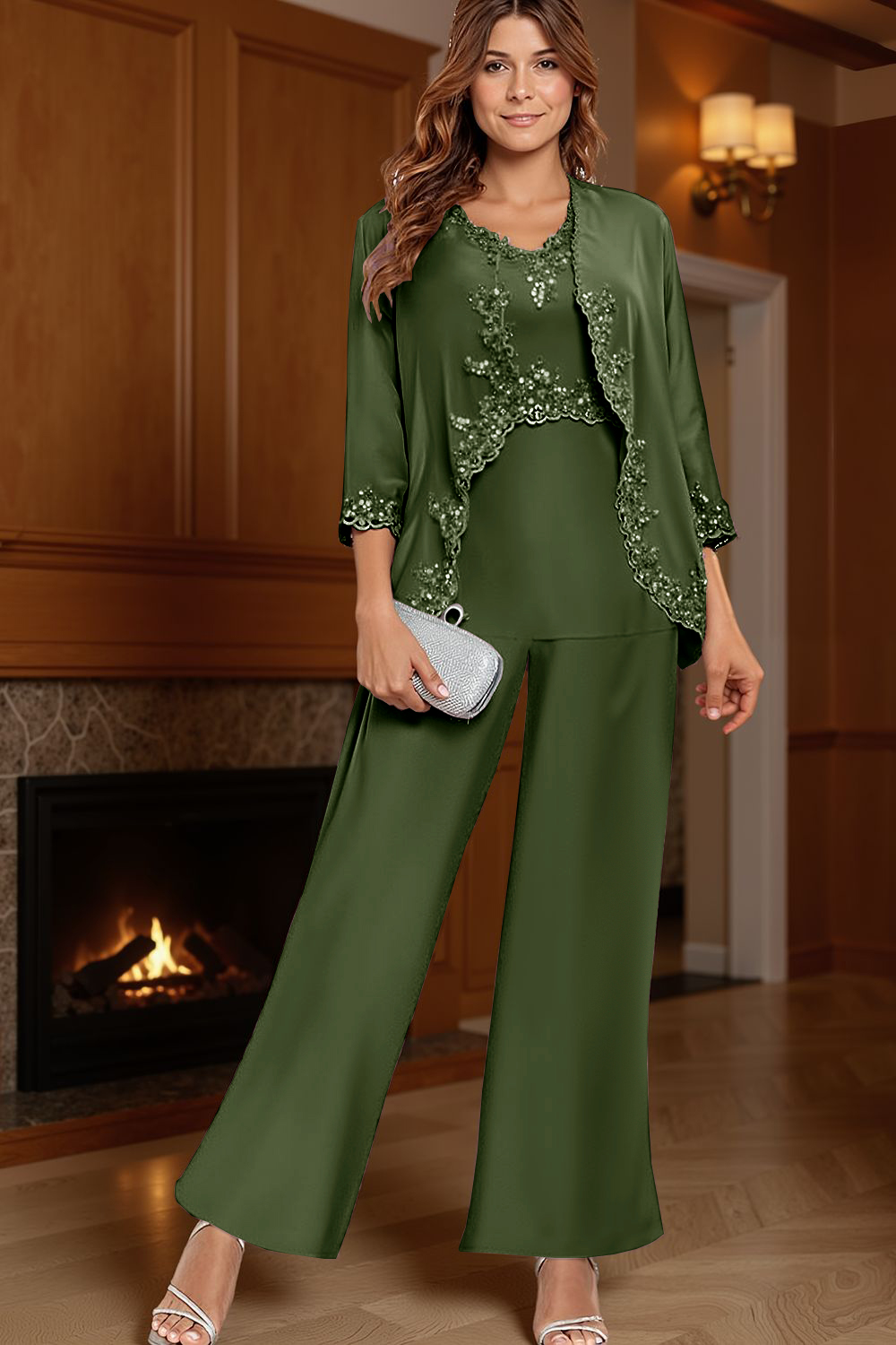 Sparkly Vintage Mauve V-Neck 3 Piece Mother of the Bride Pant Suits with Jacket