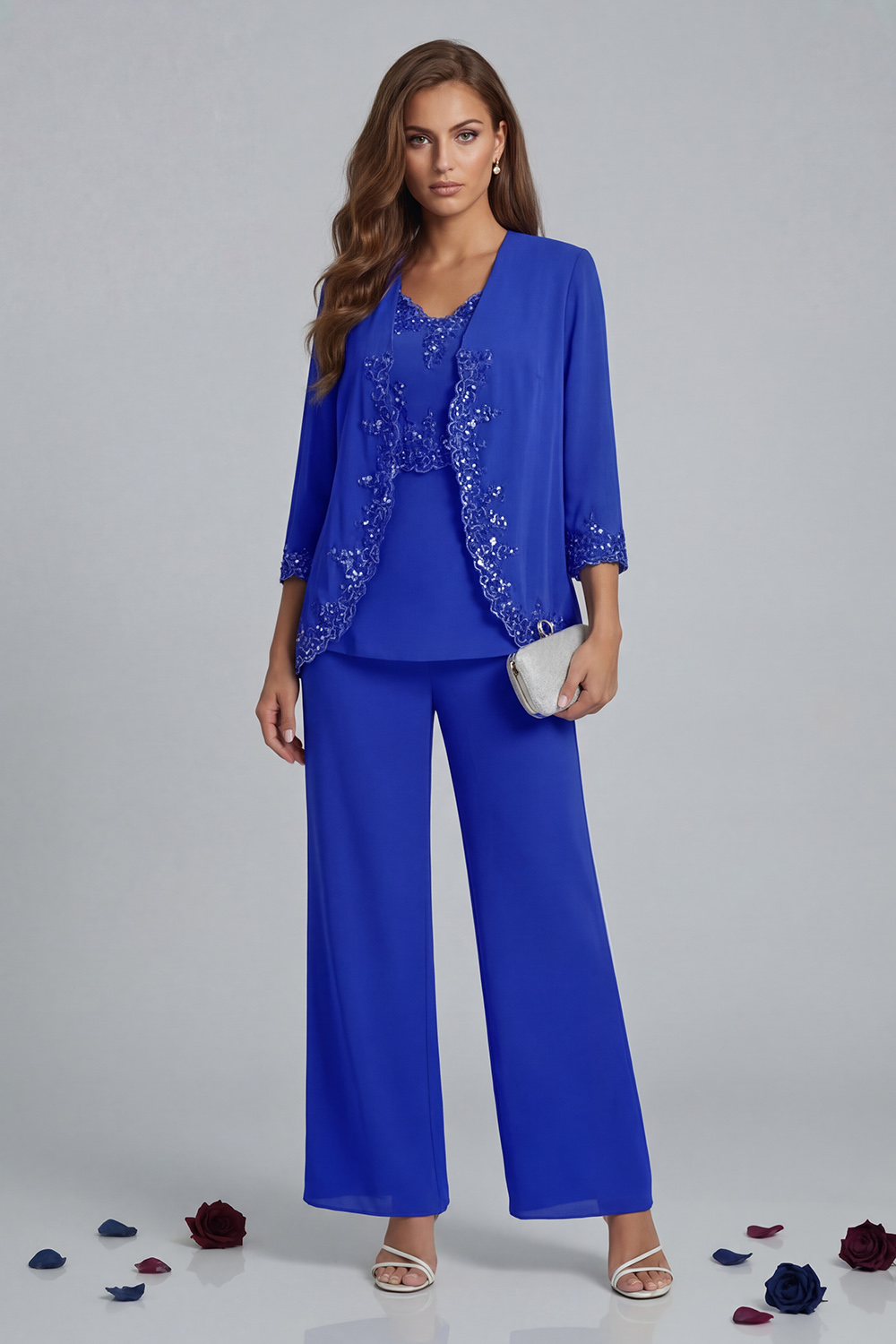 Sparkly Vintage Mauve V-Neck 3 Piece Mother of the Bride Pant Suits with Jacket