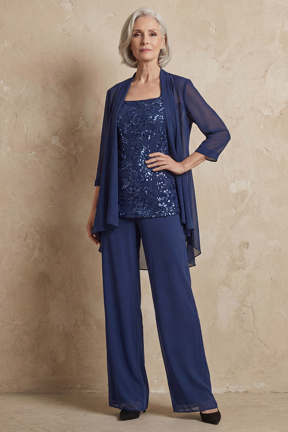 Sparkly Dark Blue Floral Chiffon 3 Piece Mother of the Bride Pant Suits with Jacket