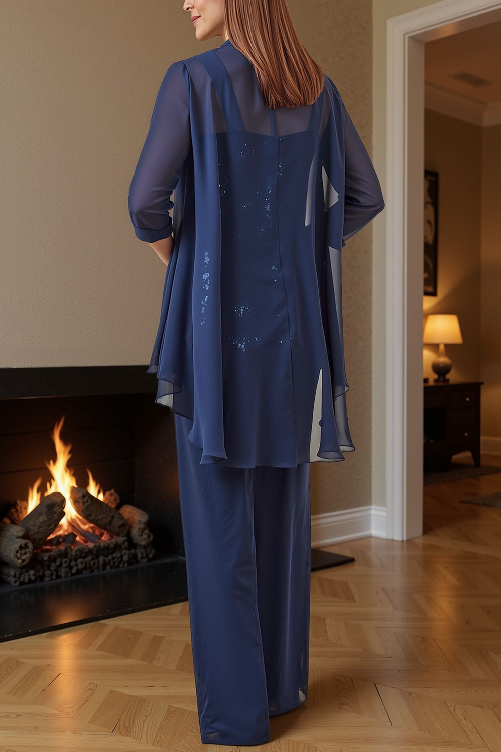 Dark Blue Floral Chiffon 3 Piece Mother of the Bride Pant Suits with Jacket