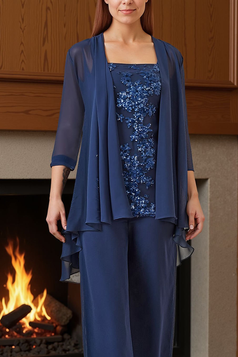 Dark Blue Floral Chiffon 3 Piece Mother of the Bride Pant Suits with Jacket