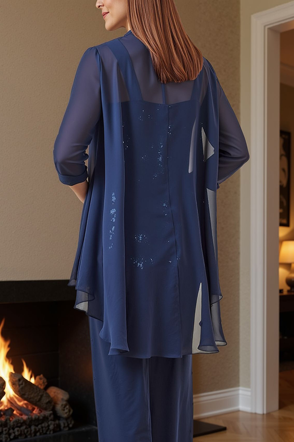 Dark Blue Floral Chiffon 3 Piece Mother of the Bride Pant Suits with Jacket