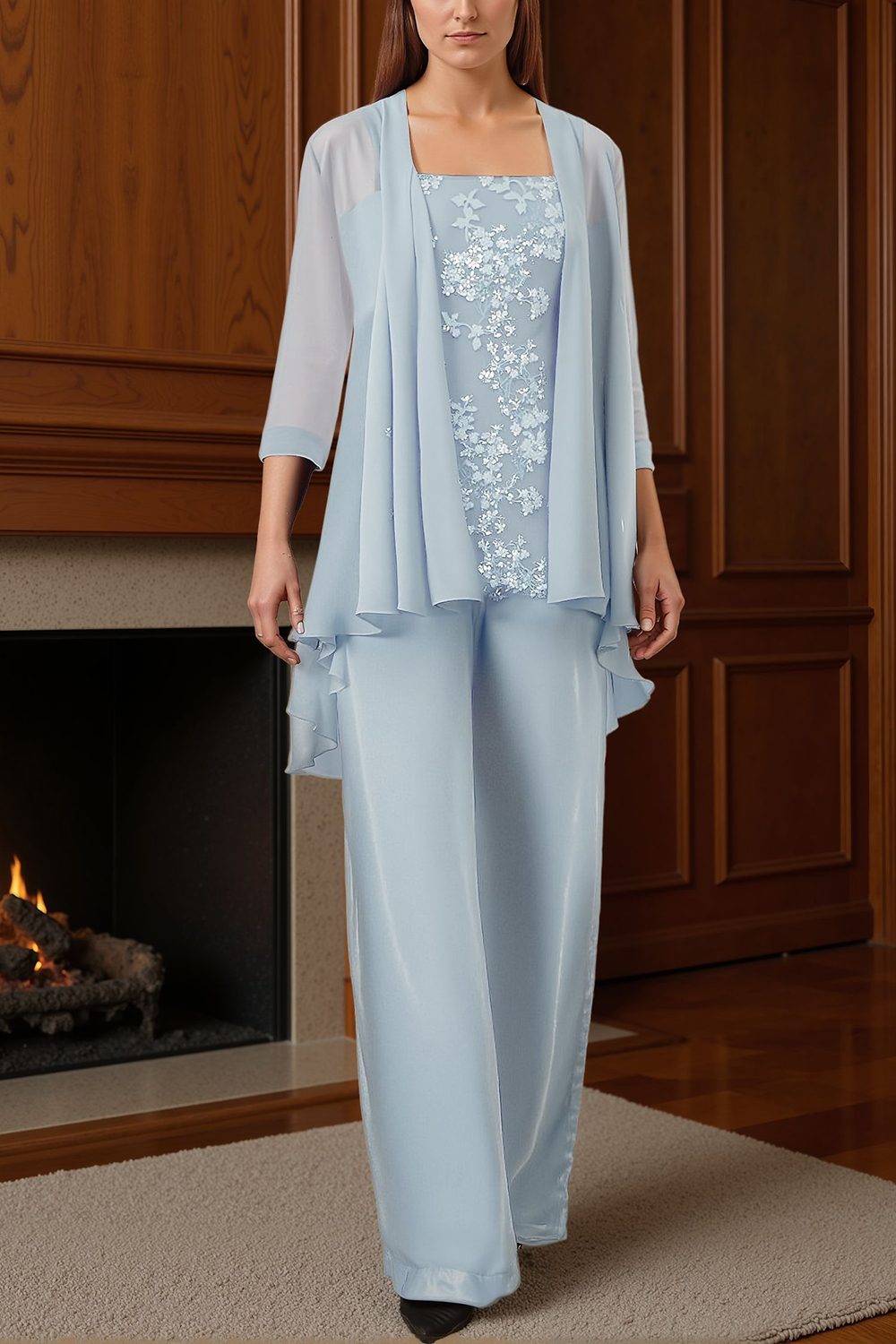 Dark Blue Floral Chiffon 3 Piece Mother of the Bride Pant Suits with Jacket