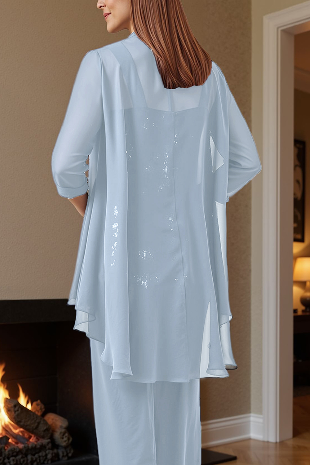 Dark Blue Floral Chiffon 3 Piece Mother of the Bride Pant Suits with Jacket