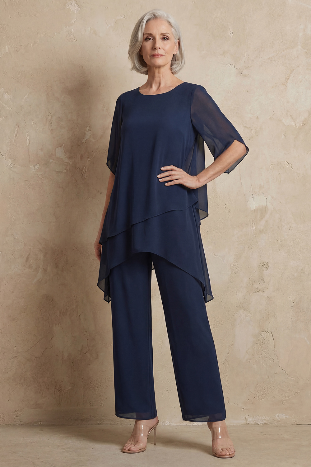 Navy Chiffon Boat Neck 2 Piece Mother of the Bride Pant Suits