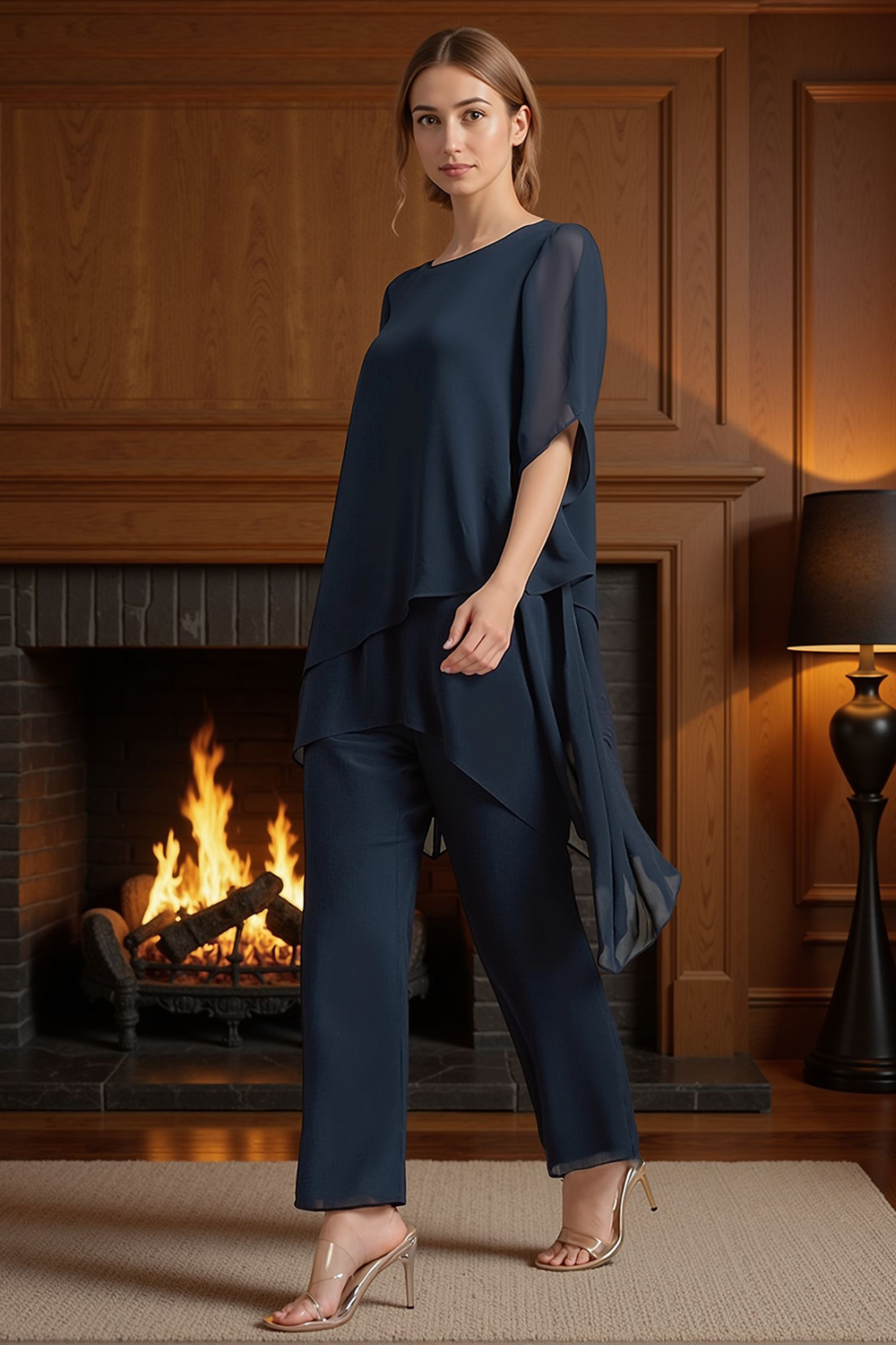 Navy Chiffon Boat Neck 2 Piece Mother of the Bride Pant Suits with Cape