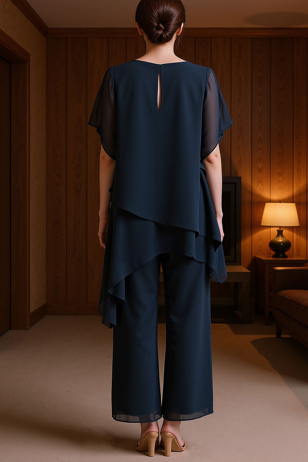Navy Chiffon Boat Neck 2 Piece Mother of the Bride Pant Suits with Cape