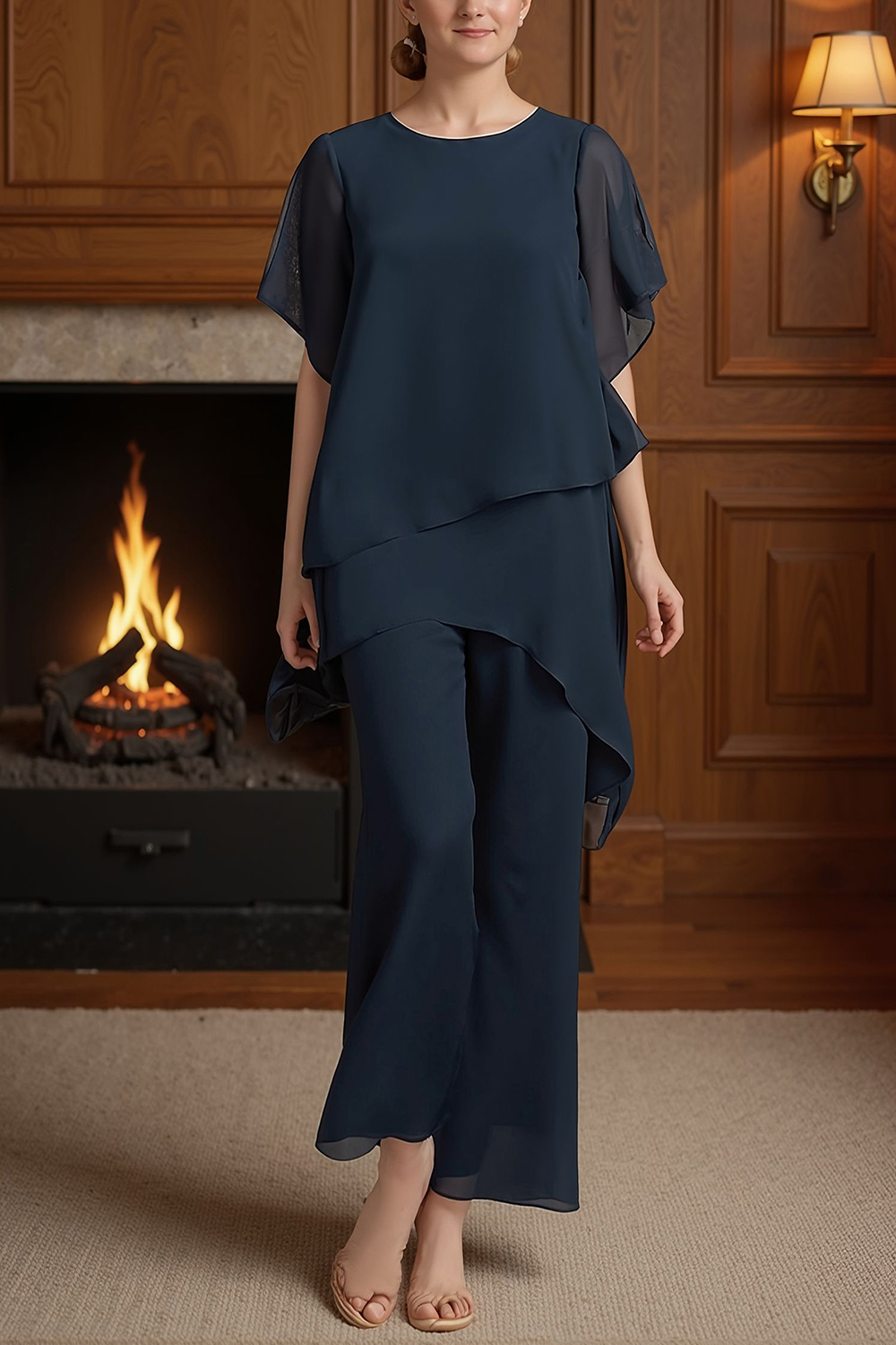 Navy Chiffon Boat Neck 2 Piece Mother of the Bride Pant Suits with Cape