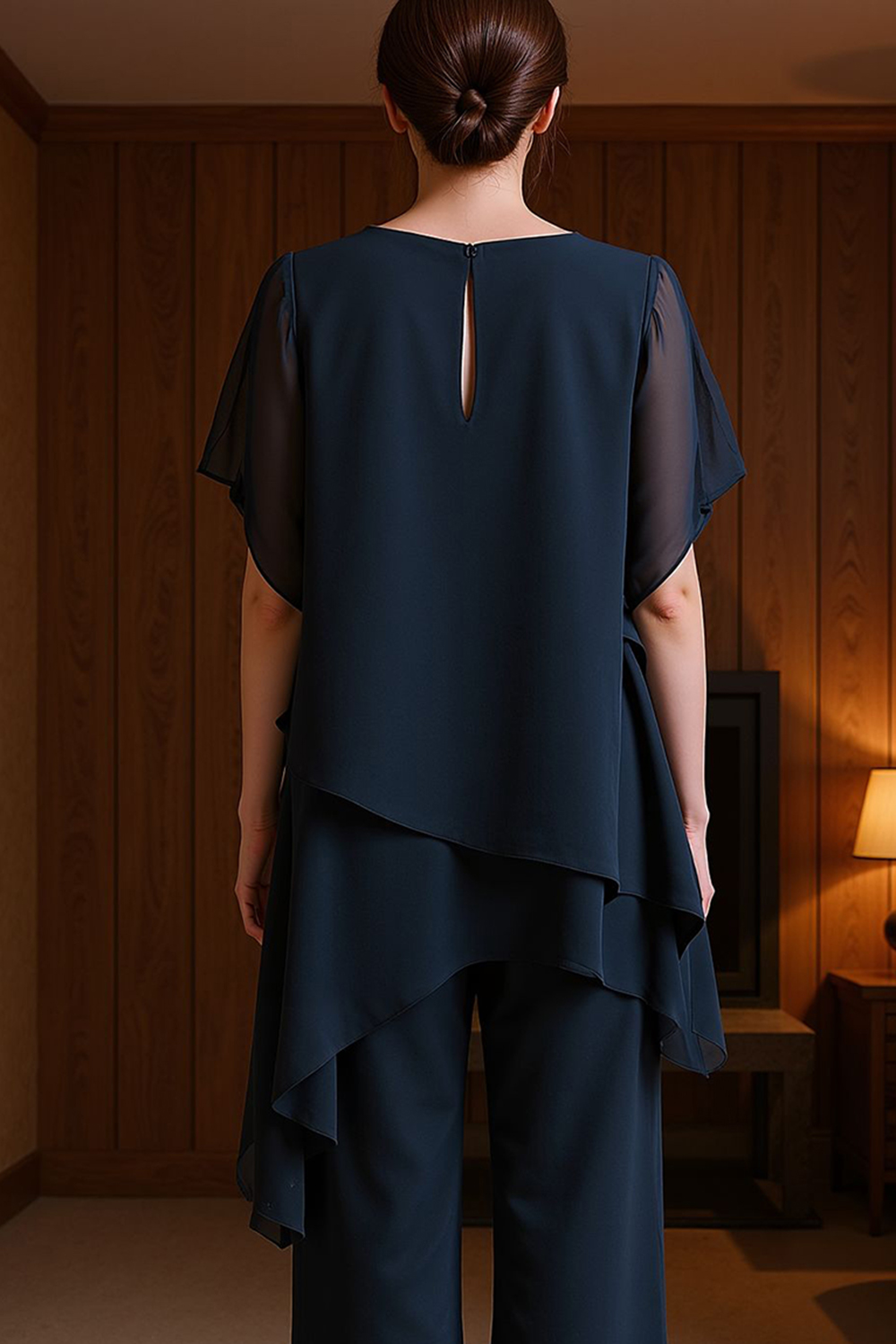 Navy Chiffon Boat Neck 2 Piece Mother of the Bride Pant Suits with Cape