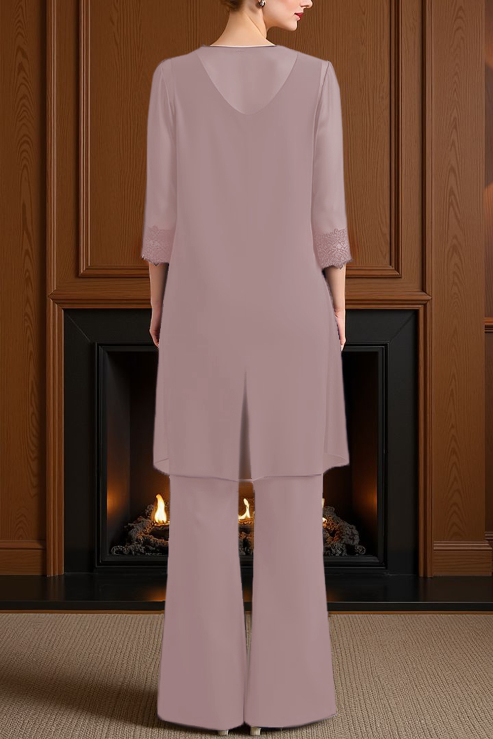 Navy Boat Neck Chiffon 3 Piece Mother of the Bride Pant Suits with Jacket