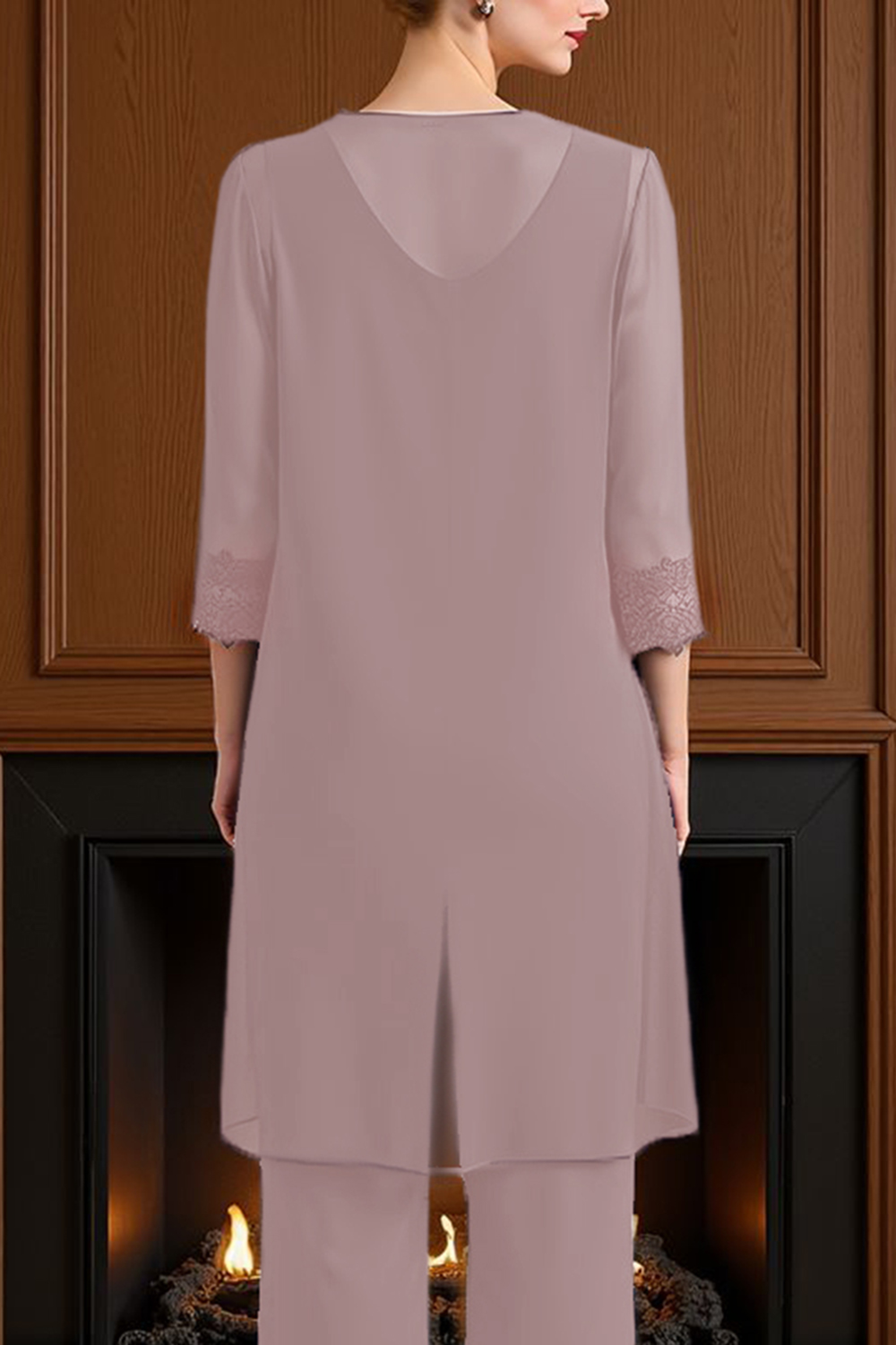 Navy Boat Neck Chiffon 3 Piece Mother of the Bride Pant Suits with Jacket