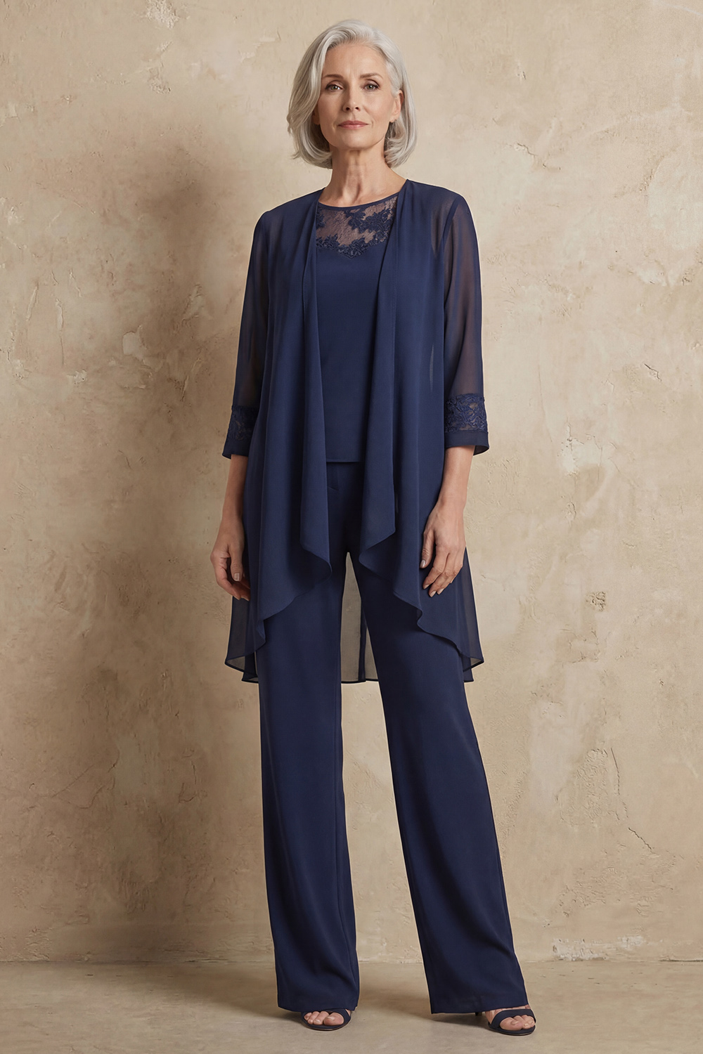 Navy Boat Neck Chiffon 3 Piece Mother of the Bride Pant Suits with Jacket