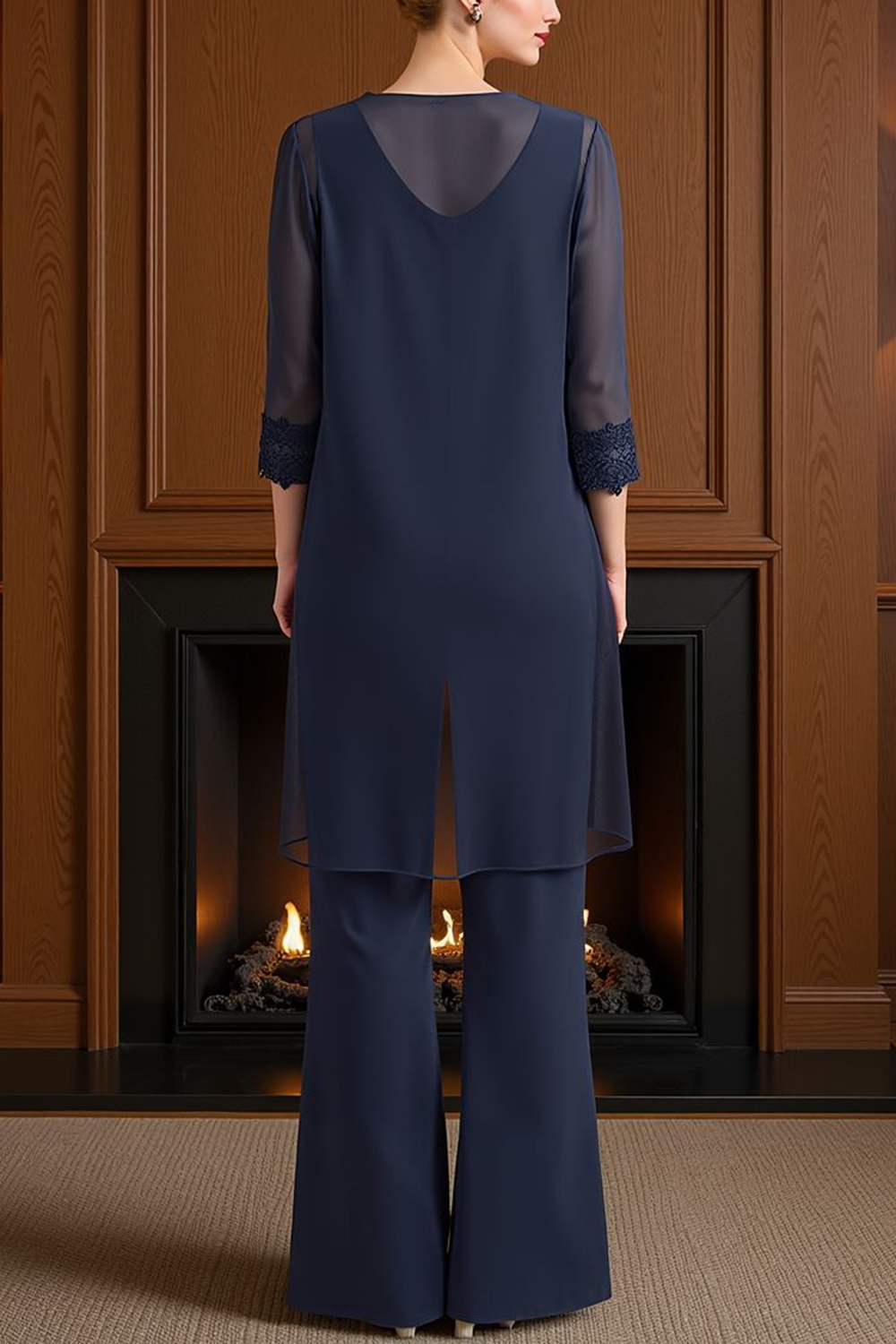 Navy Boat Neck Chiffon 3 Piece Mother of the Bride Pant Suits with Jacket