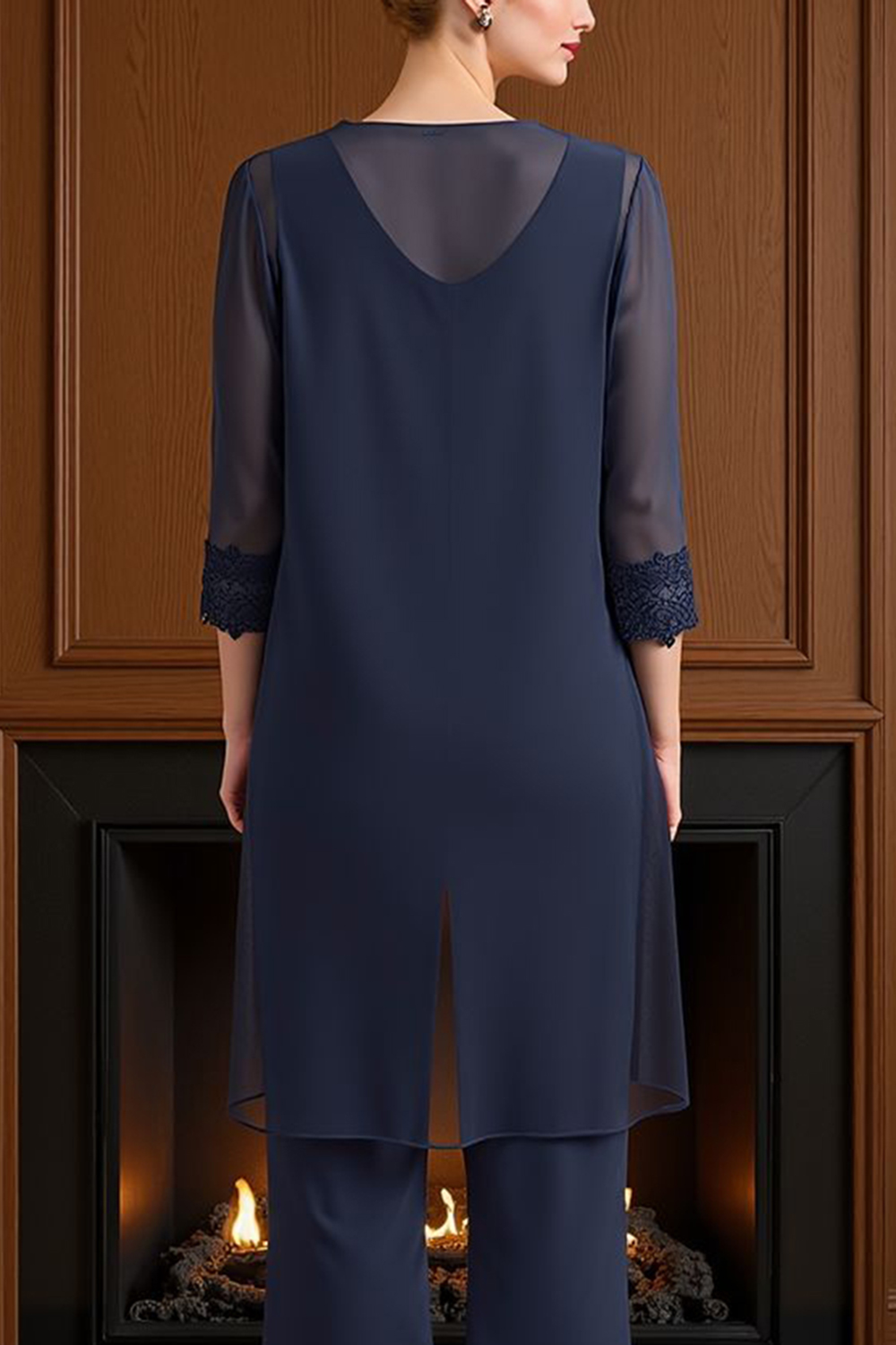 Navy Boat Neck Chiffon 3 Piece Mother of the Bride Pant Suits with Jacket